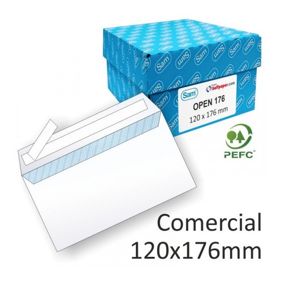 CAJA 500 SOBRES COMERCIAL OPENSAM (120X176) AUTOADHESIVO CON TIRA DE SILICONA OFFSET BLANCO 90 GRS. SAM 247510