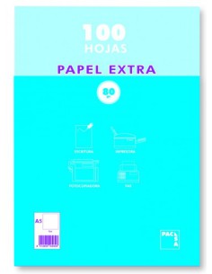 PAQUETE PAPEL EXTRA BLANCO SATINADO 100 HOJAS 80 GRS. A-5 (148X210MM.) LISO PACSA 21814