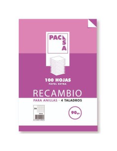RECAMBIO 90 GRS . 4 TALADROS FOLIO (215X310MM.) 100 HOJAS CUADRÍCULA 4X4 CON MARGEN PACSA 21261
