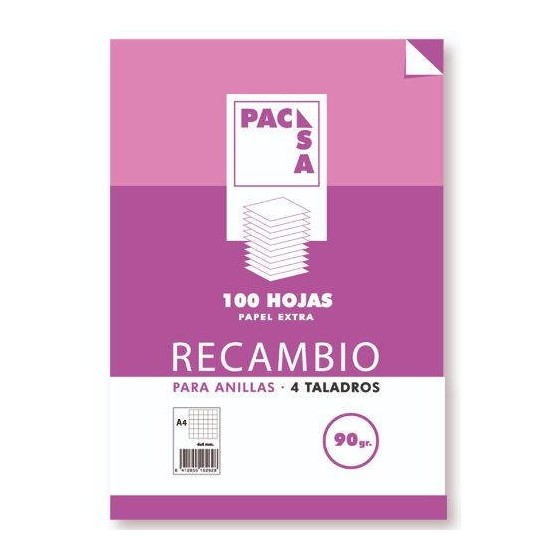 RECAMBIO 90 GRS . 4 TALADROS FOLIO (215X310MM.) 100 HOJAS CUADRÍCULA 4X4 CON MARGEN PACSA 21261