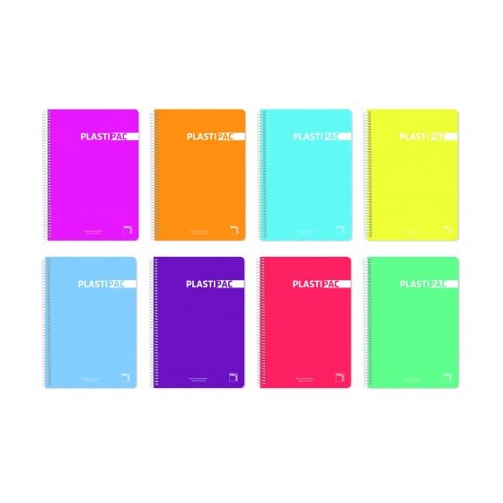 CUADERNO SERIE PLASTIPAC 90 GRS. TAPA POLIPROPILENO 4º (155X215MM.) 80 HOJAS HORIZONTAL 8 CON MARGEN SURTIDO PACSA 16569 (x5 unidades)