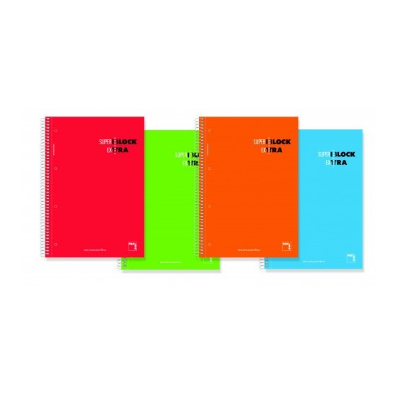 CUADERNO ESPIRAL SERIE SUPERBLOCK EXTRA TAPA DURA 90 GRS. A-5 (148X210MM.) MICROPERFORADO 120 HOJAS CUADRÍCULA 5X5 + GRECA SURTIDO PACSA 16364 (x4 unidades)