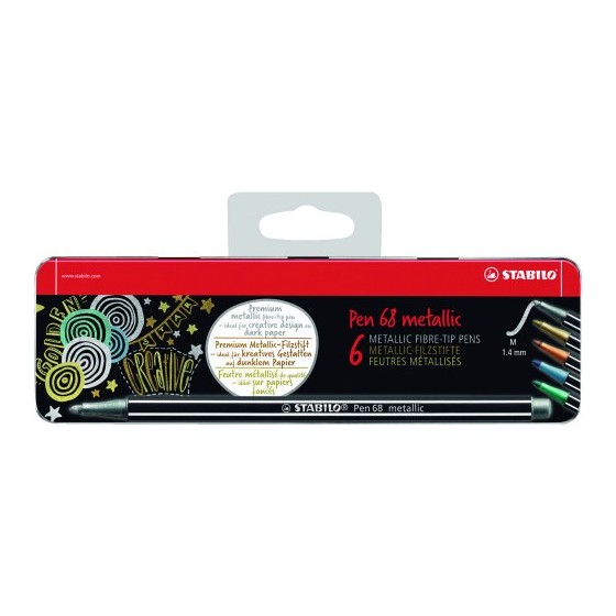 ESTUCHE DE METAL 6 UNIDADES COLORES METALICOS PUNTA MEDIA 1,4MM. PEN 68 CON COLGADOR STABILO 6806/8-31