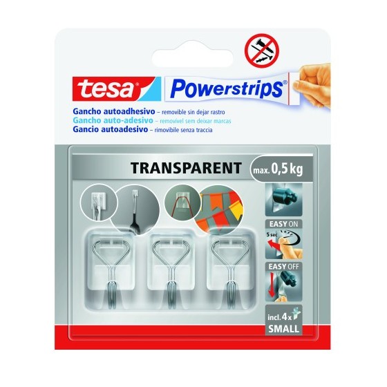 BLISTER 3 GANCHOS ADHESIVOS ALAMBRE POWERSTRIPS 0,5KG TAMAÑO S TRANSPARENTE TESA 58620-00001-01