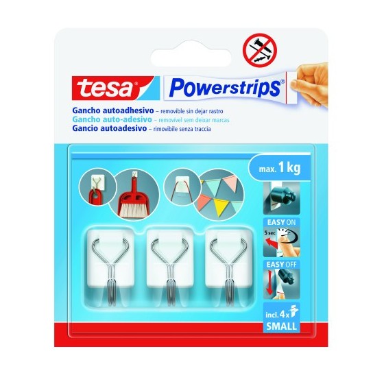 BLISTER 3 GANCHOS ADHESIVOS ALAMBRE POWERSTRIPS 1KG TAMAÑO S BLANCO TESA 57615-00001-00