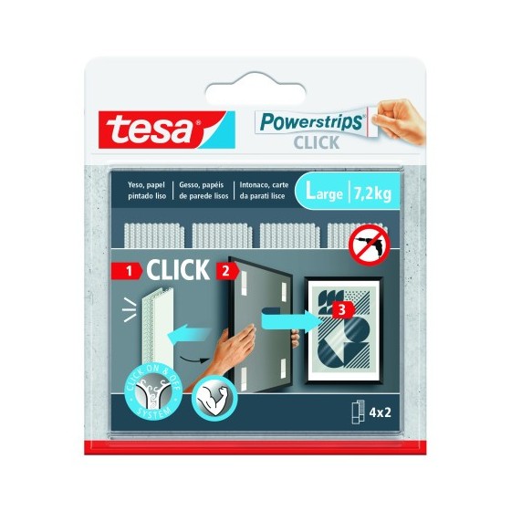 BLISTER TIRAS ADHESIVAS CUELGA OBJETOS POWERSTRIPS CLIK 7,2KG  4 PARES 85X20MM "L" TESA 77722-00001-00