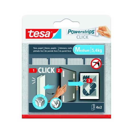 BLISTER TIRAS ADHESIVAS CUELGA OBJETOS POWERSTRIPS CLIK 5,4KG 4 PARES 80x20MM "M" TESA 77721-00001-00