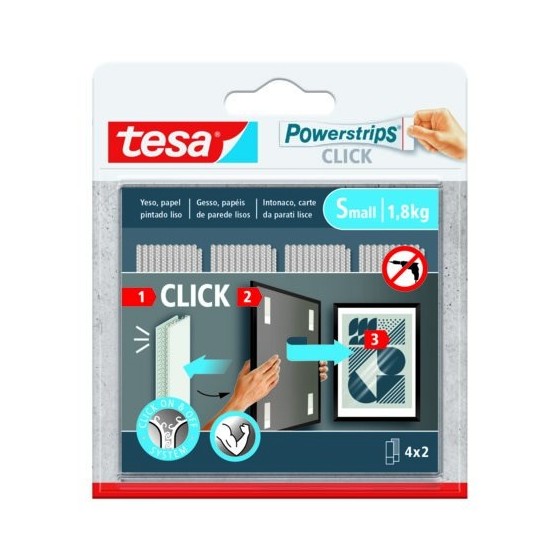 BLISTER TIRAS ADHESIVAS CUELGA OBJETOS POWERSTRIPS CLIK 1,8KG 4 PARES 60X20MM "S" TESA 77720-00001-00