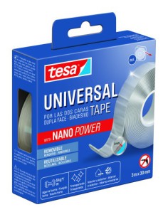 CINTA ADHESIVA DOBLE CARA NANO UNIVERSAL POWER 5KG 3 METROS x 30 MM TESA 55810-00002-00
