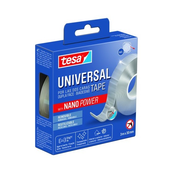CINTA ADHESIVA DOBLE CARA NANO UNIVERSAL POWER 5KG 3 METROS x 30 MM TESA 55810-00002-00