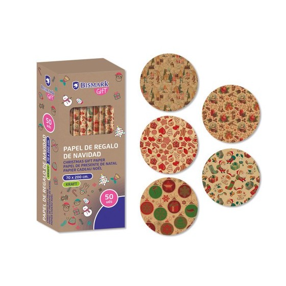 PAPEL DE REGALO KRAFT NAVIDAD CELEBRATION 70X200 BISMARK 332997 (x50 unidades)