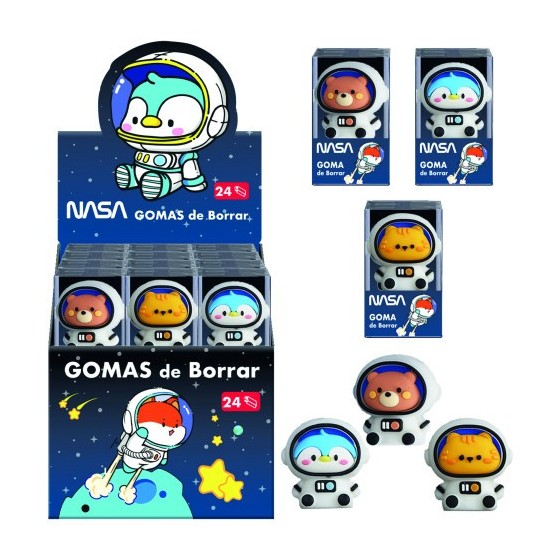 EXPOSITOR CON 24 GOMAS DE BORRAR ASTRONAUTAS-ANIMALES - NASA DOHE 79648