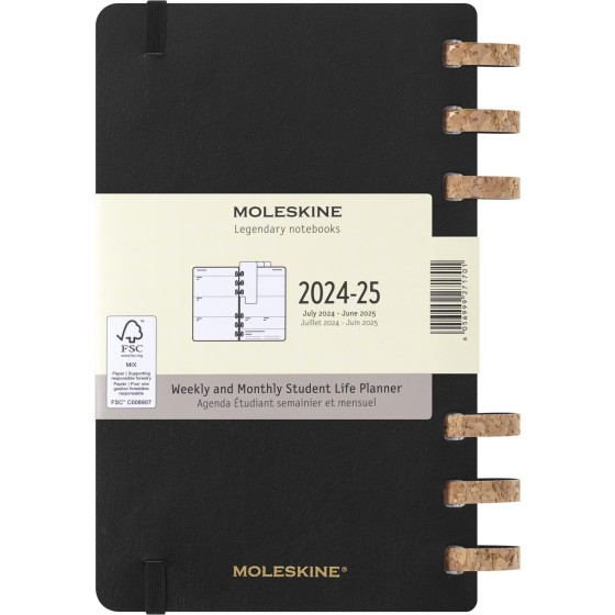 AGENDA 12 MESES 2025 ACADÉMICA ESPIRAL L (13 X 21 CM) NEGRA TAPA BLANDA MOLESKINE DSSPB12AMWH3Y25