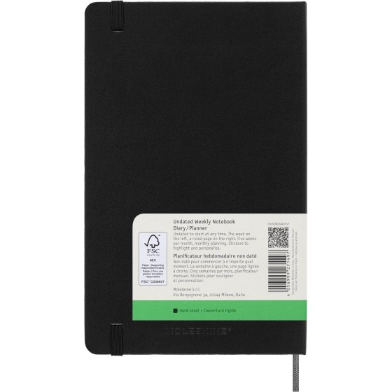 AGENDA 12 MESES 2025 SEMANAL SIN FECHA L (13 X 21 CM) NEGRA TAPA DURA MOLESKINE DHUNDB12WN301