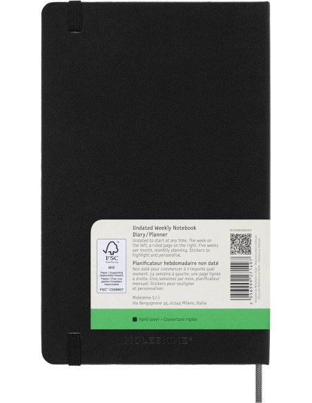AGENDA 12 MESES 2025 SEMANAL SIN FECHA L (13 X 21 CM) NEGRA TAPA DURA MOLESKINE DHUNDB12WN301