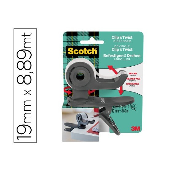 DISPENADOR PORTARROLLOS CLIP&TWIST C19 GRIS CON ROLLO CINTA INVISIBLE 19MM X 8,89M MAGIC C19-CLIP-CG-EMEA SCOTH 7100225277