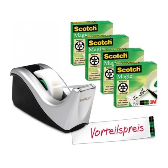 PACK DISPENSADOR PORTARROLLOS C60 NEGRO/PLATA + 1 ROLLO CINTA 19MM X 33M MAGICC60-ST4 SCOTH 7100040322