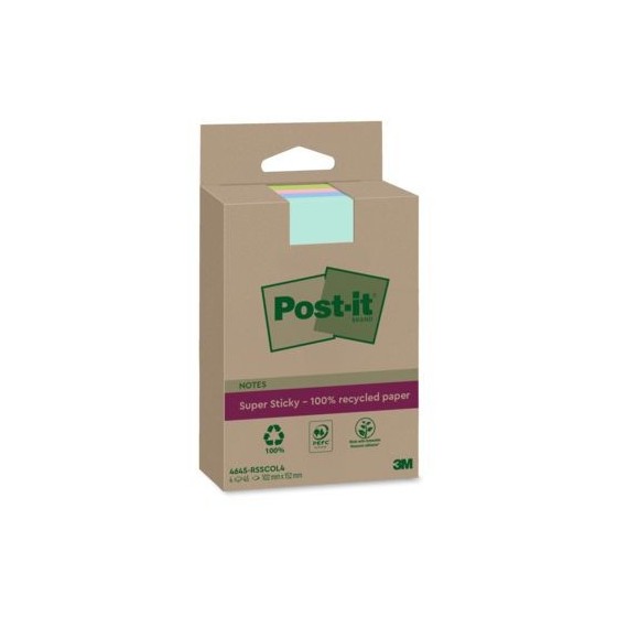 PACK 4 BLOCS 45 HOJAS NOTAS RECICLADAS ADHESIVAS 102X152MM SUPER STICKY COLORES SURTIDOS CON LÍNEAS 4645-RSSCOL4 POST-IT 7100321348