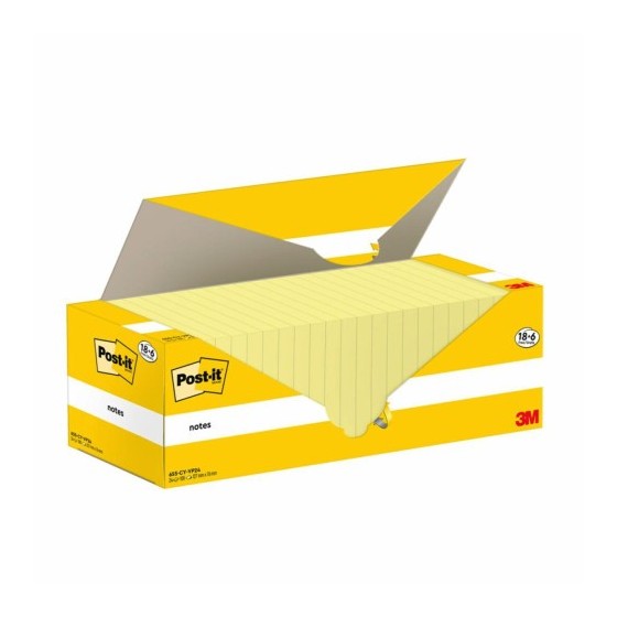PACK 18+6 BLOCS 100 HOJAS NOTAS ADHESIVAS 76X127MM CANARY YELLOW CAJA CARTÓN 655-CY-VP24 POST-IT 7100317836