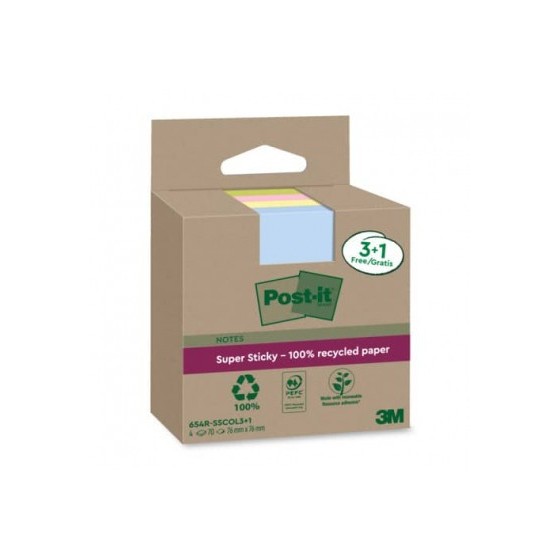 PACK 3+1 BLOCS 90 HOJAS NOTAS RECICLADAS ADHESIVAS 76X76MM SUPER STICKY COLORES SURTIDOS 654 RSSCOL3+1 POST-IT 7100285103
