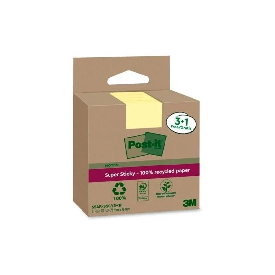 PACK 3+1 BLOCS 90 HOJAS NOTAS RECICLADAS ADHESIVAS 76X76MM SUPER STICKY AMARILLO PASTEL 654 RSSCY3+1F POST-IT 7100285105