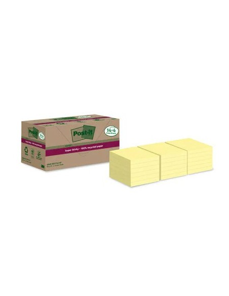 PACK 14+4 BLOCS 90 HOJAS NOTAS RECICLADAS ADHESIVAS 76X76MM SUPER STICKY AMARILLO PASTEL 654 RSSCY14+4 POST-IT 7100284878