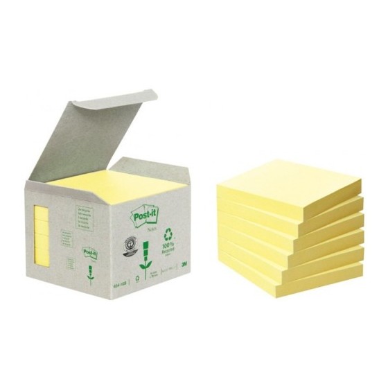 PACK 6 BLOCS 100 HOJAS NOTAS RECICLADAS ADHESIVAS 76X76MM AMARILLO CAJA CARTÓN 654-1B POST-IT 7100172252
