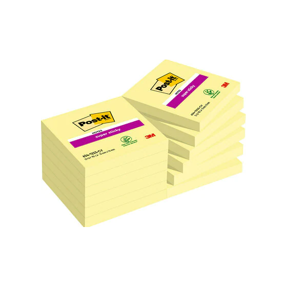 PACK 12 BLOCS 90 HOJAS NOTAS ADHESIVAS 76X76MM SUPER STICKY SIN ENCELOFANADO INDIVIDUAL 654-12SSCY-EU POST-IT 7100290155