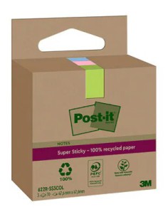 PACK 3 BLOCS 70 HOJAS NOTAS RECICLADAS ADHESIVAS 47,6X47,6MM SUPER STICKY COLORES SURTIDOS CAJA CARTÓN 622 RSS3COL POST-IT 7100284577