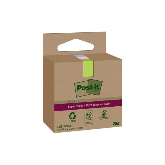 PACK 3 BLOCS 70 HOJAS NOTAS RECICLADAS ADHESIVAS 47,6X47,6MM SUPER STICKY COLORES SURTIDOS CAJA CARTÓN 622 RSS3COL POST-IT 7100284577
