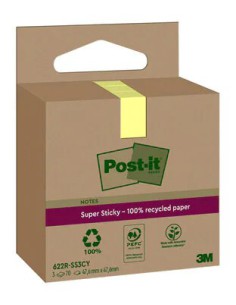 PACK 3 BLOCS 70 HOJAS NOTAS RECICLADAS ADHESIVAS 47,6X47,6MM SUPER STICKY AMARILLO PASTEL CAJA CARTÓN 622 RSS3CY POST-IT 7100284575