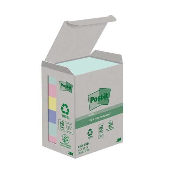 PACK 6 BLOCS 100 HOJAS NOTAS RECICLADAS ADHESIVAS 38X51MM COLORES SURTIDOS CAJA CARTÓN 653-1GB POST-IT 7100259445