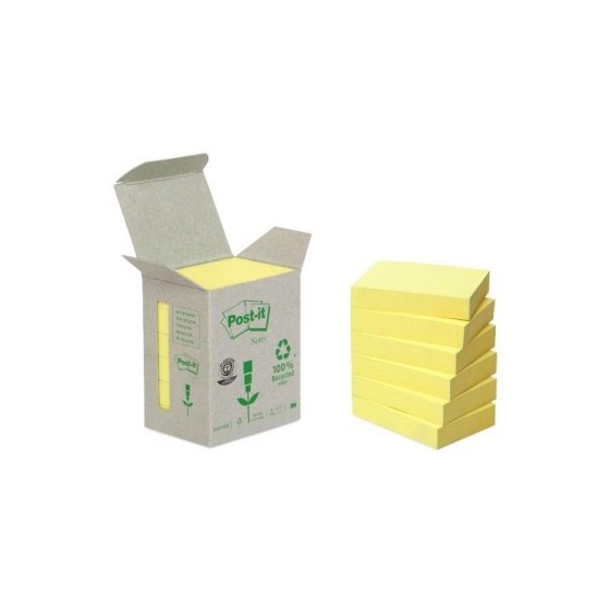 PACK 6 BLOCS 100 HOJAS NOTAS RECICLADAS ADHESIVAS 38X51MM CANARY YELLOW CAJA CARTÓN 653-1B POST-IT 7100172254