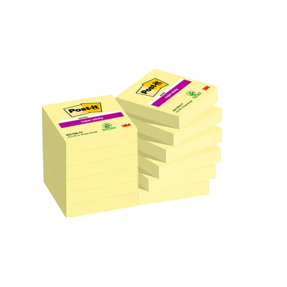 PACK 12 BLOCS 90 HOJAS NOTAS ADHESIVAS 47,6X47,6MM SUPER STICKY CANARY YELLOW CAJA CARTÓN 622-12SSCY-EU POST-IT 7100290190