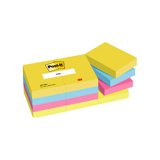 PACK 12 BLOCS 100 HOJAS NOTAS ADHESIVAS 38X51MM COLECCIÓN ENERGETIC EN CAJA CARTÓN 653 TFEN POST-IT 7100290179