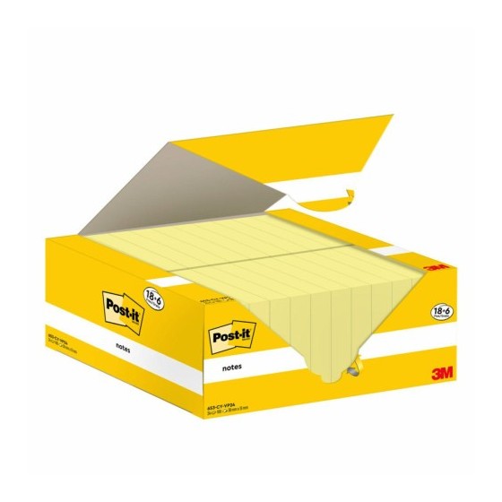 PACK 18+6 BLOCS 100 HOJAS NOTAS ADHESIVAS 38X51MM CANARY YELLOW CAJA CARTÓN 653-CY-VP24 POST-IT 7100317764