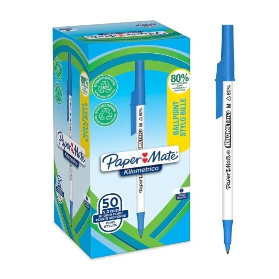 CAJA 50 BOLÍGRAFOS PAPER MATE KILOMÉTRICO PUNTA MEDIANA (1,0MM) TINTA AZUL 80% PLÁSTICO RECICLADO PAPER MATE 2187702