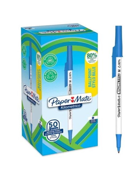 CAJA 50 BOLÍGRAFOS PAPER MATE KILOMÉTRICO PUNTA MEDIANA (1,0MM) TINTA AZUL 80% PLÁSTICO RECICLADO PAPER MATE 2187702