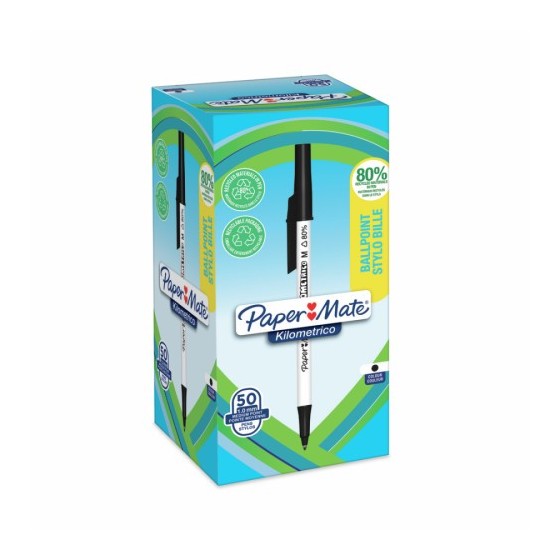 CAJA 50 BOLÍGRAFOS PAPER MATE KILOMÉTRICO PUNTA MEDIANA (1,0MM) TINTA NEGRA 80% PLÁSTICO RECICLADO PAPER MATE 2187701