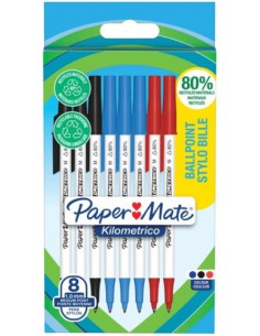 BLÍSTER 8 BOLÍGRAFOS PAPER MATE KILOMÉTRICO PUNTA MEDIANA (1,0MM) TINTA NEGRA, AZUL Y ROJA 80% RECICLADO PAPER MATE 2187680