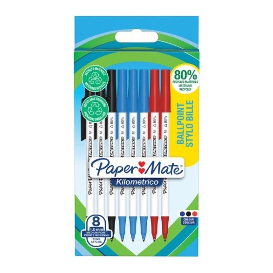 BLÍSTER 8 BOLÍGRAFOS PAPER MATE KILOMÉTRICO PUNTA MEDIANA (1,0MM) TINTA NEGRA, AZUL Y ROJA 80% RECICLADO PAPER MATE 2187680