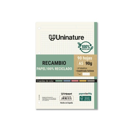 RECAMBIO RECICLADO A5 90 HOJAS 90GR CUADRICULA 5X5 MM CON TALADROS 5 BANDAS COLOR UNINATURE 53393500