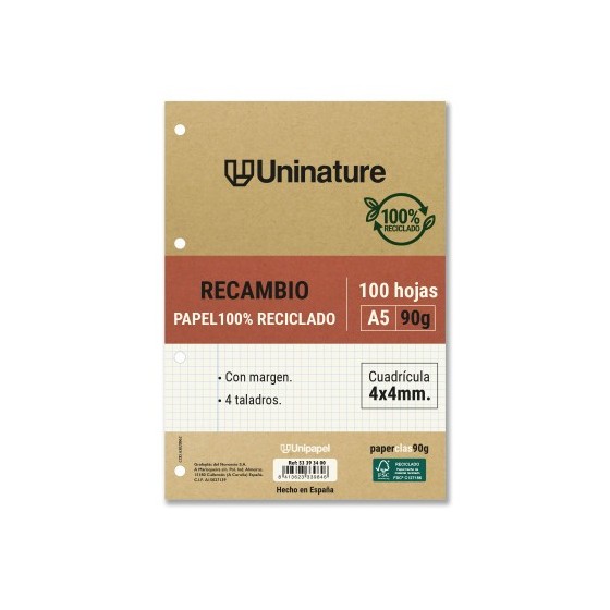 RECAMBIO RECICLADO A5 100 HOJAS 90GR CUADRICULA 4X4 MM CON TALADROS UNINATURE 53393400