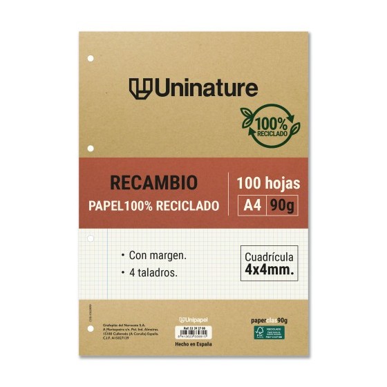 RECAMBIO RECICLADO A4 100 HOJAS 90GR CUADRICULA 4X4 MM CON TALADROS UNINATURE 53392700