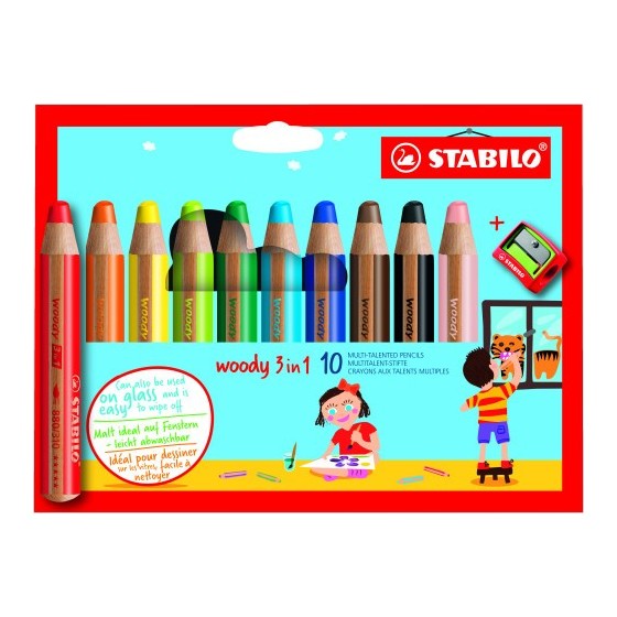 ESTUCHE 10 LAPICES + SACAPUNTAS WOODY 3 COLORES EN 1 STABILO