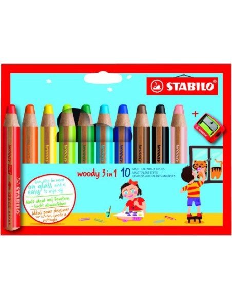 ESTUCHE 10 LAPICES + SACAPUNTAS WOODY 3 COLORES EN 1 STABILO