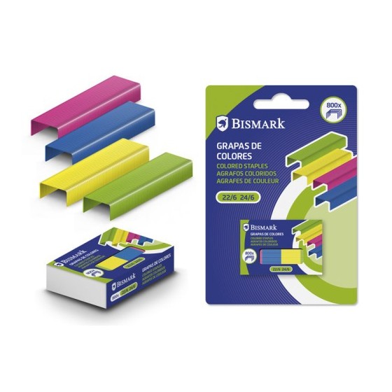 CAJA DE 800 GRAPAS DE COLORES Nº 22/6-24/6 METALIZADAS BISMARK 331279