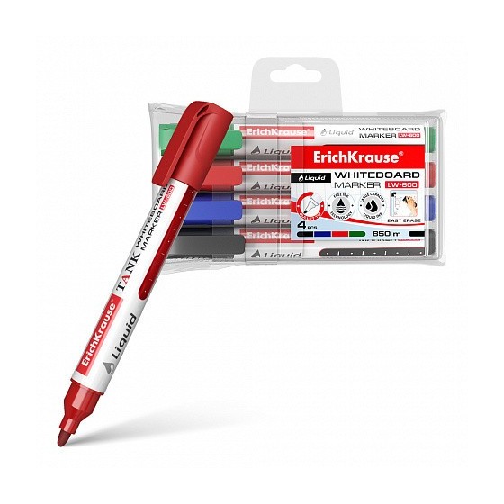 SET 4 MARCADORES PIZARRA BLANCA CON TINTA LÍQUIDA LW-600 NEGRO, AZUL, ROJO, VERDE ERICH KRAUSE 58362