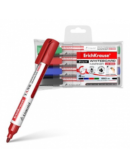 SET 4 MARCADORES PIZARRA BLANCA CON TINTA LÍQUIDA LW-600 NEGRO, AZUL, ROJO, VERDE ERICH KRAUSE 58362