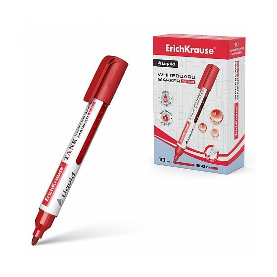 MARCADOR PIZARRA BLANCA CON TINTA LÍQUIDA LIQUID LW-600, TINTA COLOR ROJO ERICH KRAUSE 48776 (x10 unidades)